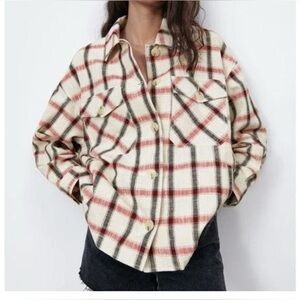 ZARA Oversized Plaid Button Up Down Jacket Shirt Shacket Size XS Italian Yarn